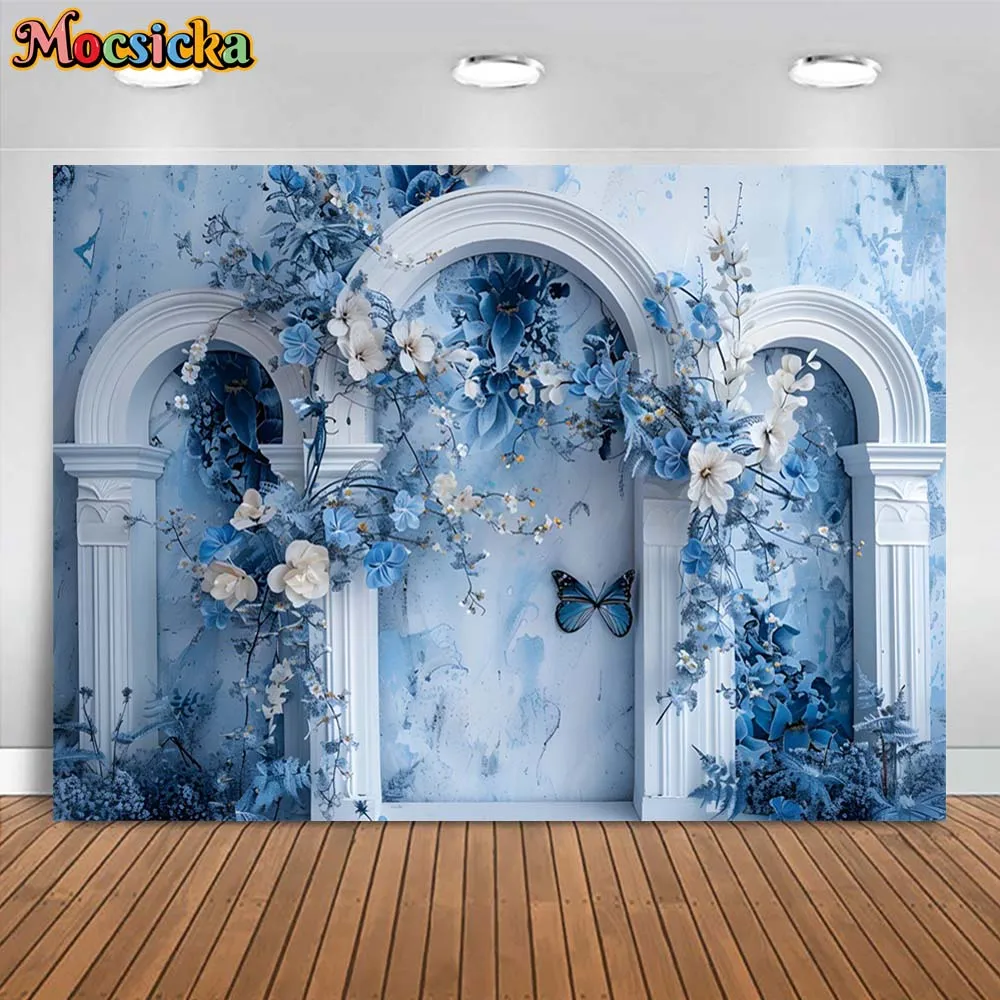 Mocsicka Photography Background Vintage Arch Door Flower Butterfly Blue Wall Art Portrait Photo Backdrop Studio Photoshoot Props