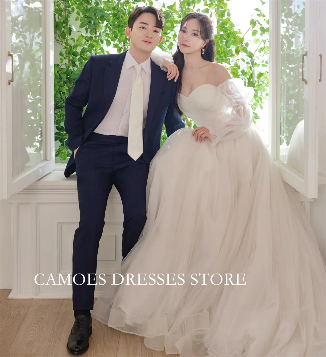SONDR Customized Sweetheart Ivory Wedding Dresses Ruched Korea Long Sleeves A-Line Tulle Brides Gowns Women Bridal Dresses