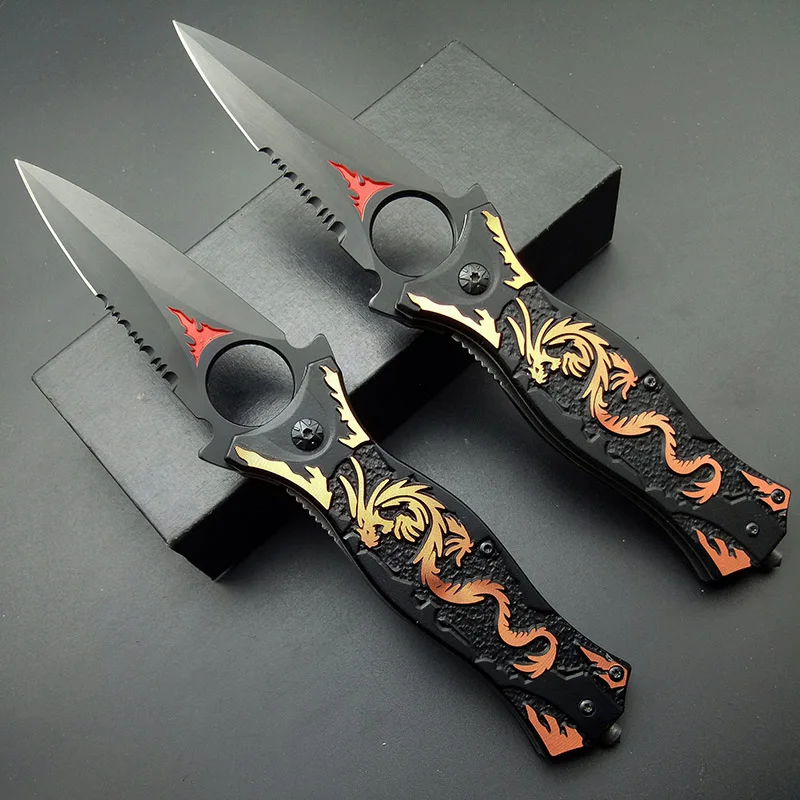 Cuchillo de bolsillo de acero inoxidable para caza, acampada, supervivencia, herramientas múltiples para senderismo, colador rojo, cuchillos de grano de dragón, cuchillo plegable para exteriores