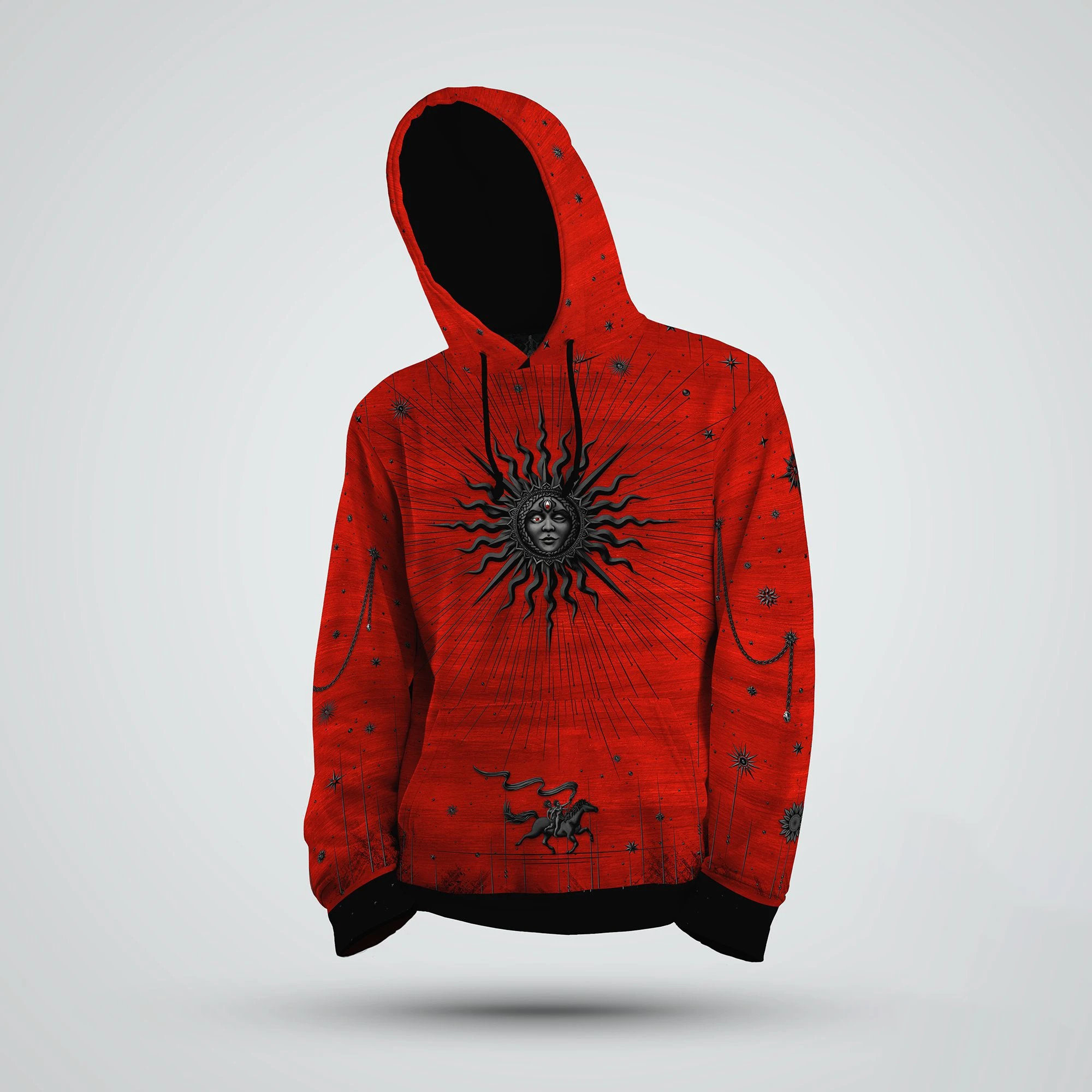 

Gothic Black Sun Hoodie Red Witch Pullover Wizard Bloody Tarot Mystical Clothing Gothic Magic Streetwear Unisex