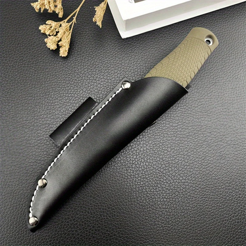 Fixed Blade BM 200 Knife D2 Blade Rubber Plastic Handle Tactical Self-defense Portable EDC Outdoor Tools,with Leather Sheath