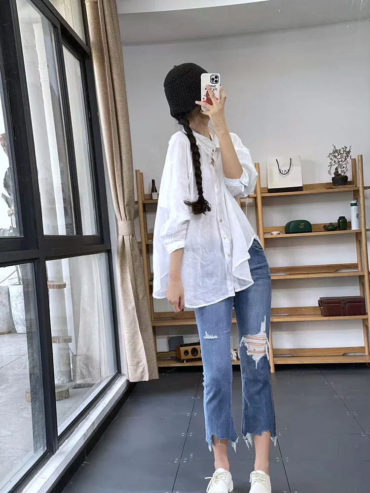 Oversized Korea New Chic Spring Summer Women Ramie Sunscreen Shirt Ladies Womens Big Size Cardigan Casual Loose White Shirt Tops