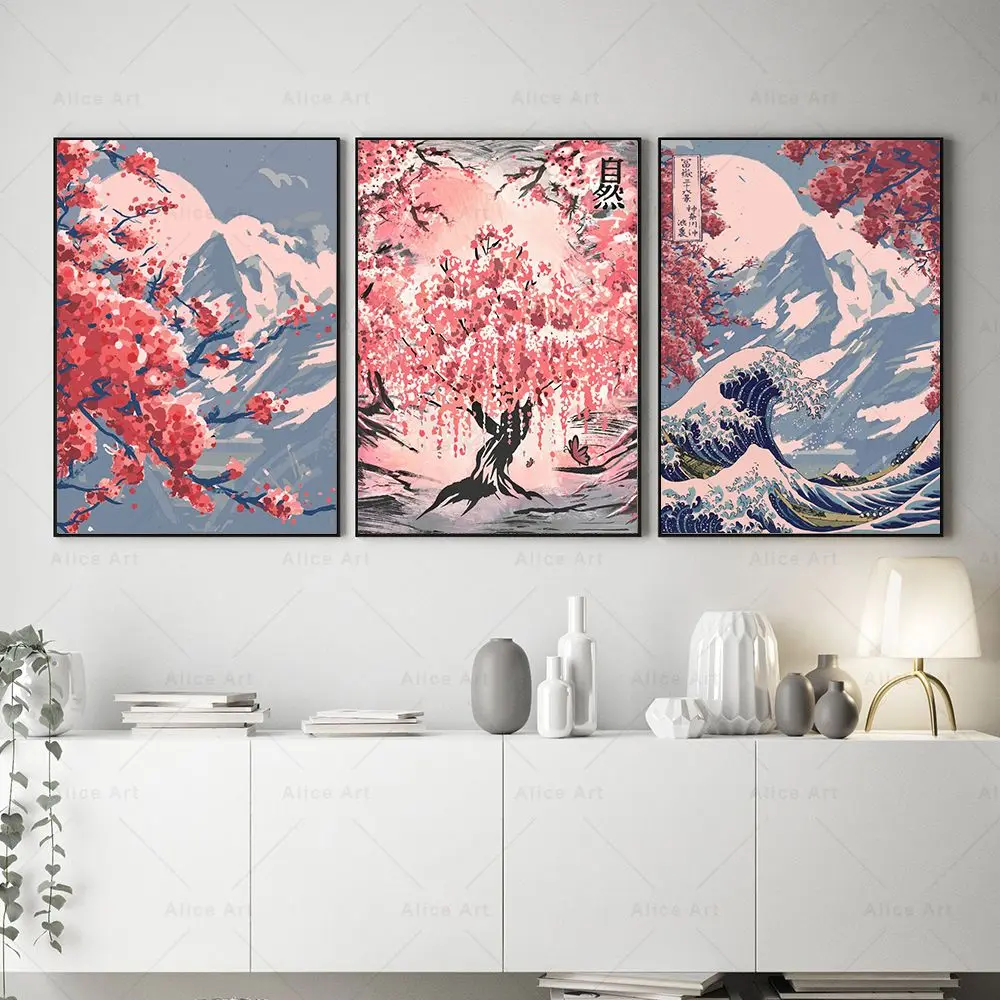 Póster de paisaje japonés, Sakura, La gran ola de Kanagawa, pintura en lienzo artística, imágenes artísticas de pared de anime para decoración del hogar y sala de estar