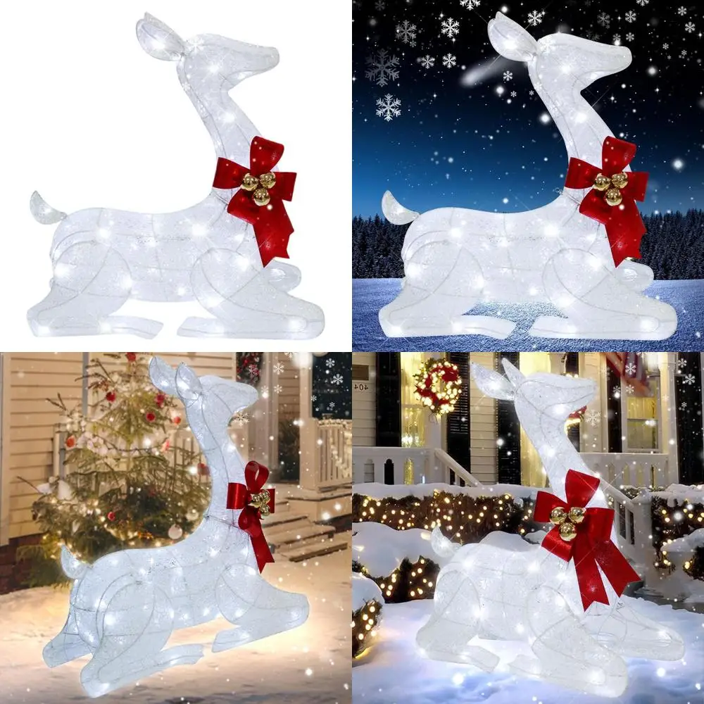

Illuminated 3D White Reindeer Christmas Ornament with Red Bow and Bell, Ideal for Lawn or Porch Holiday Decor