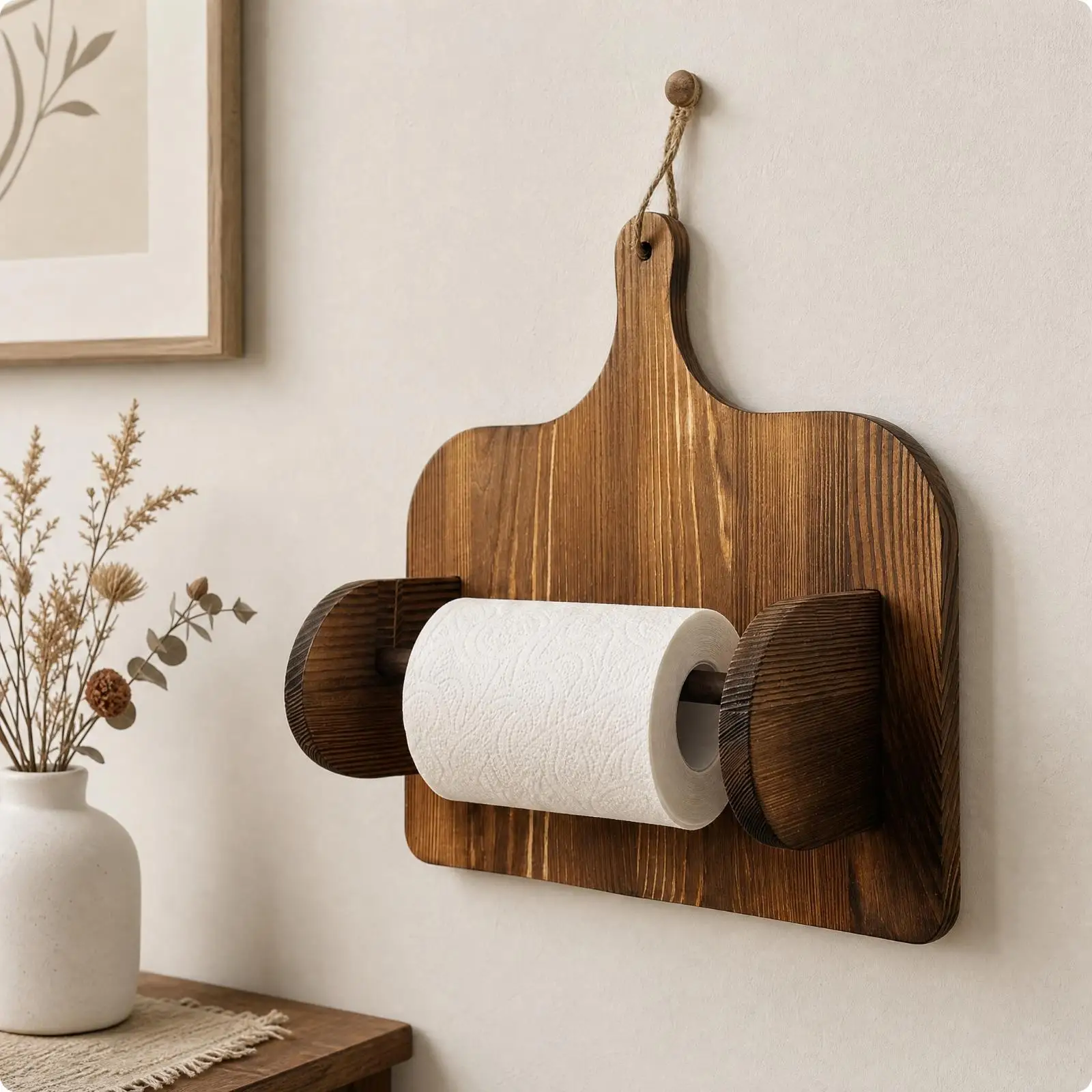 Natural Finish Wall Tissue Rack with Visible Grain for Toilet Paper Storage and Jewelry Hanging in Bathroom Dressing Area