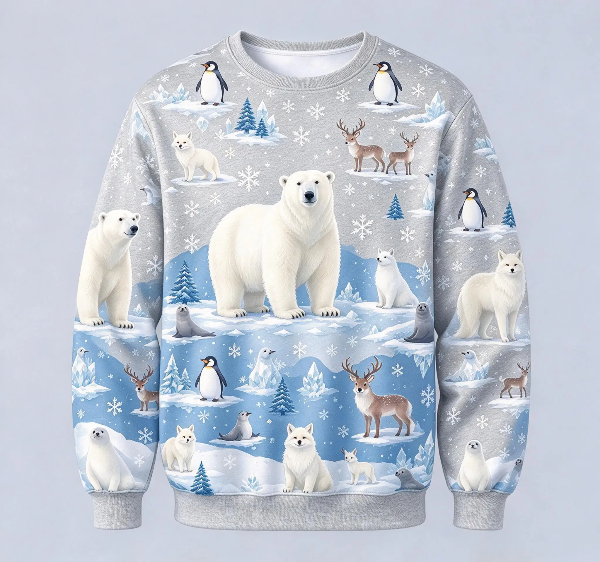Men Christmas Crewneck Sweatshirt, Polar Bear Penguin Arctic Animal Snow Scene Full Print Polyester Pullover