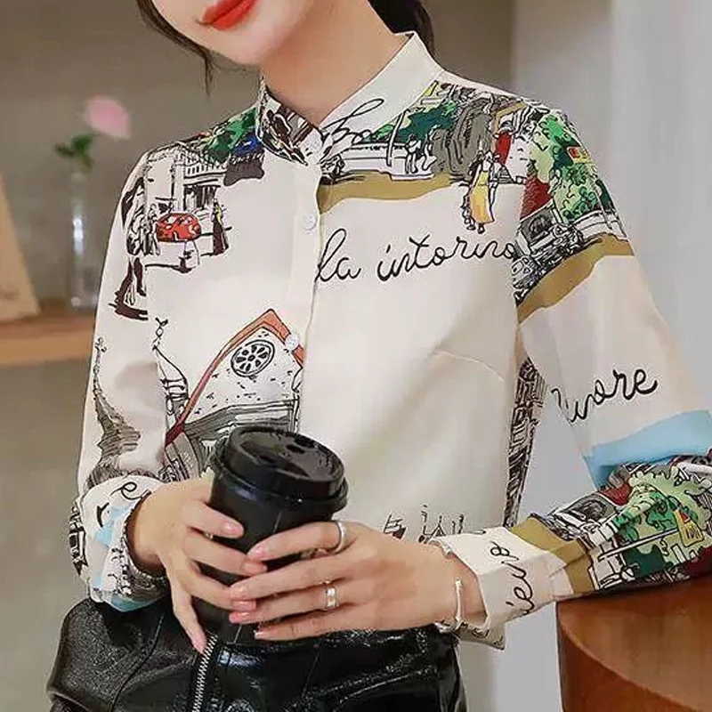 Spring Autumn New Round Neck Long Sleeve Fashion Shirt Women High Street Printing Button Patchwork Cardigan Vintage Elegant Tops