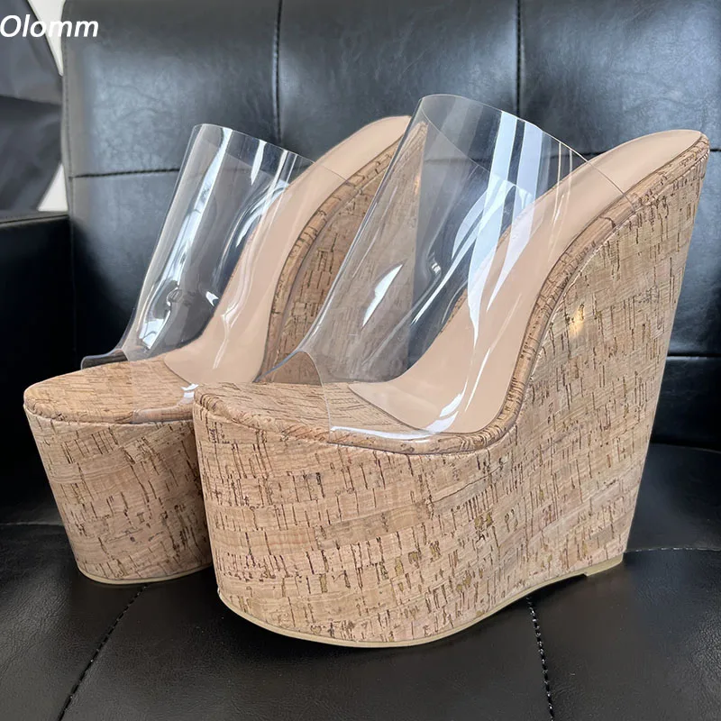 

Olomm/женские прозрачные сандалии ручной работы на платформе, красивая повседневная обувь на танкетке и высоком каблуке с круглым носком, женская обувь США, большие размеры 5-15
