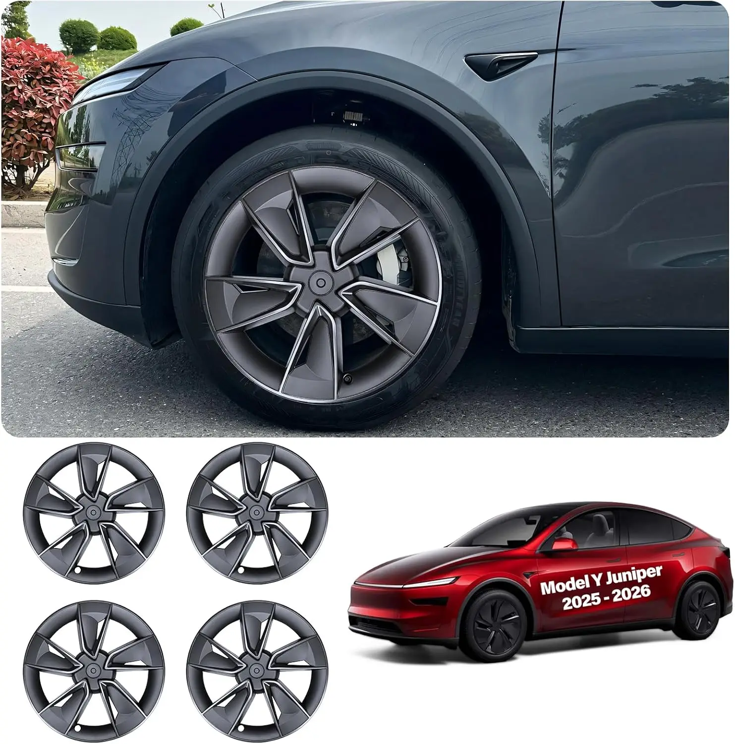 

19" Wheel Covers for Tesla Model Y Juniper 2025-2026, 4PCS Hubcaps, Black Grey, ABS, Rim Protection, Snap-On Install