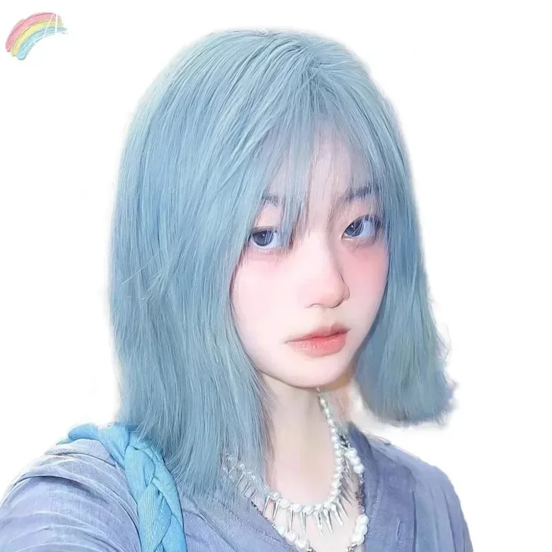 Ashely الأزرق شعر مستعار قصير الإناث الشيخوخة الصيف قسم رقيقة من بوب اليابانية الطبيعية لا أثر محاكاة الشعر شعر مستعار اصطناعي