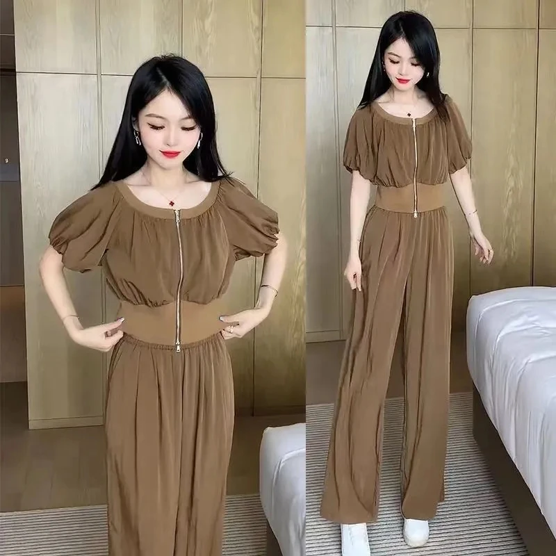 

Casual Summer Women's Outfit Zipper Bubble Sleeve Top Wide Leg Pants Two Piece Set Fashionable Anti-Aging Trendy Ensemble
