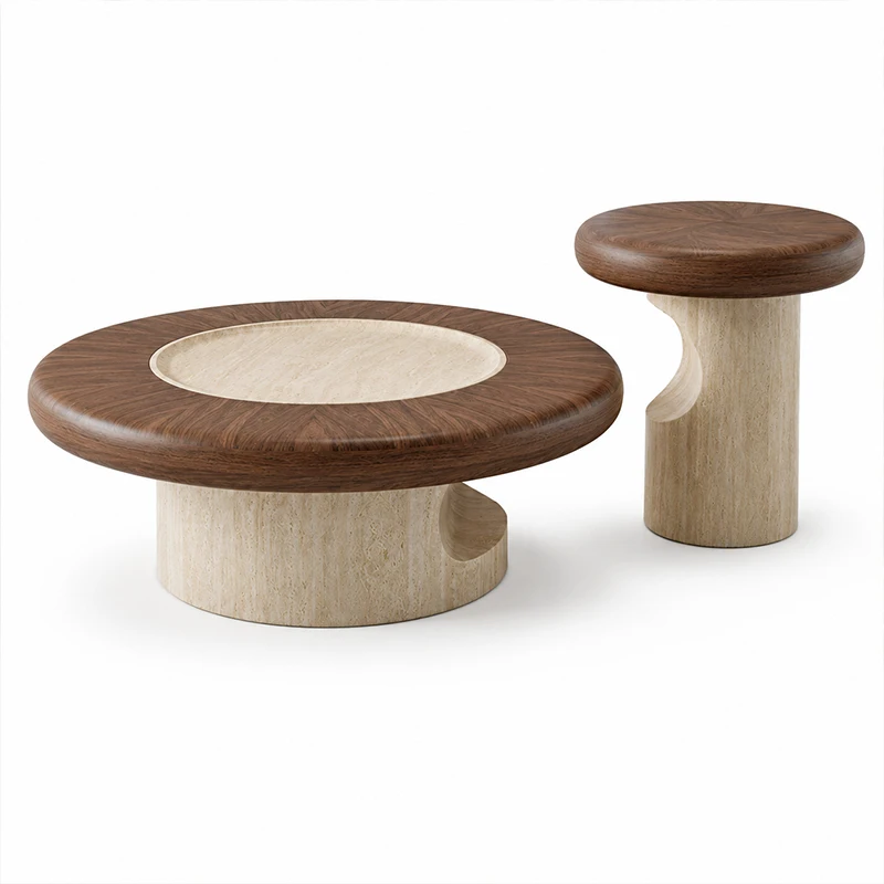 ub-Wabi Sabi Modern Coffee Table Nesting Set Solid Wood Travertine Stone Hollow Cutout Cylindrical Base Designer Living Room-