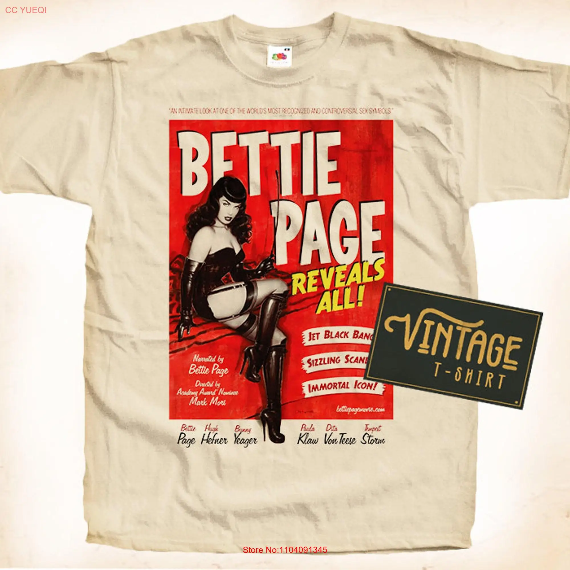 Bettie Page V1 T Shirt Vintage Natural color Men's DTG Digital Print SIZES S M L XL 2XL 3XL 4XL 5XL long or short sleeves