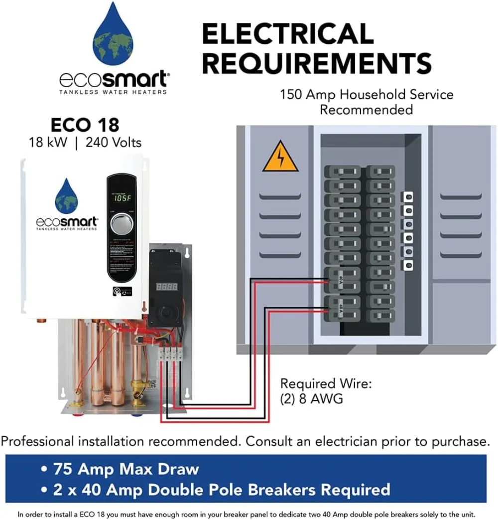 EcoSmart-Aquecedor de água elétrico sem tanque, Eco 18, 18 KW a 240 Volts, com tecnologia patenteada de auto modulação, 17x14x3.5