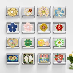 Italian Charms New Y2k Glaze Rose Flower Charm Links For Women Girls Fit 9mm Stainless Steel Bracelet DIY Making Fashion Jewelry