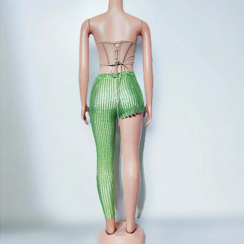 Seksowny strój tancerki Gogo, brokatowy zielony top i spodnie, zestaw Dancehall Queen, kostium sceniczny dla piosenkarki, ubrania na imprezę, pokaz yj020