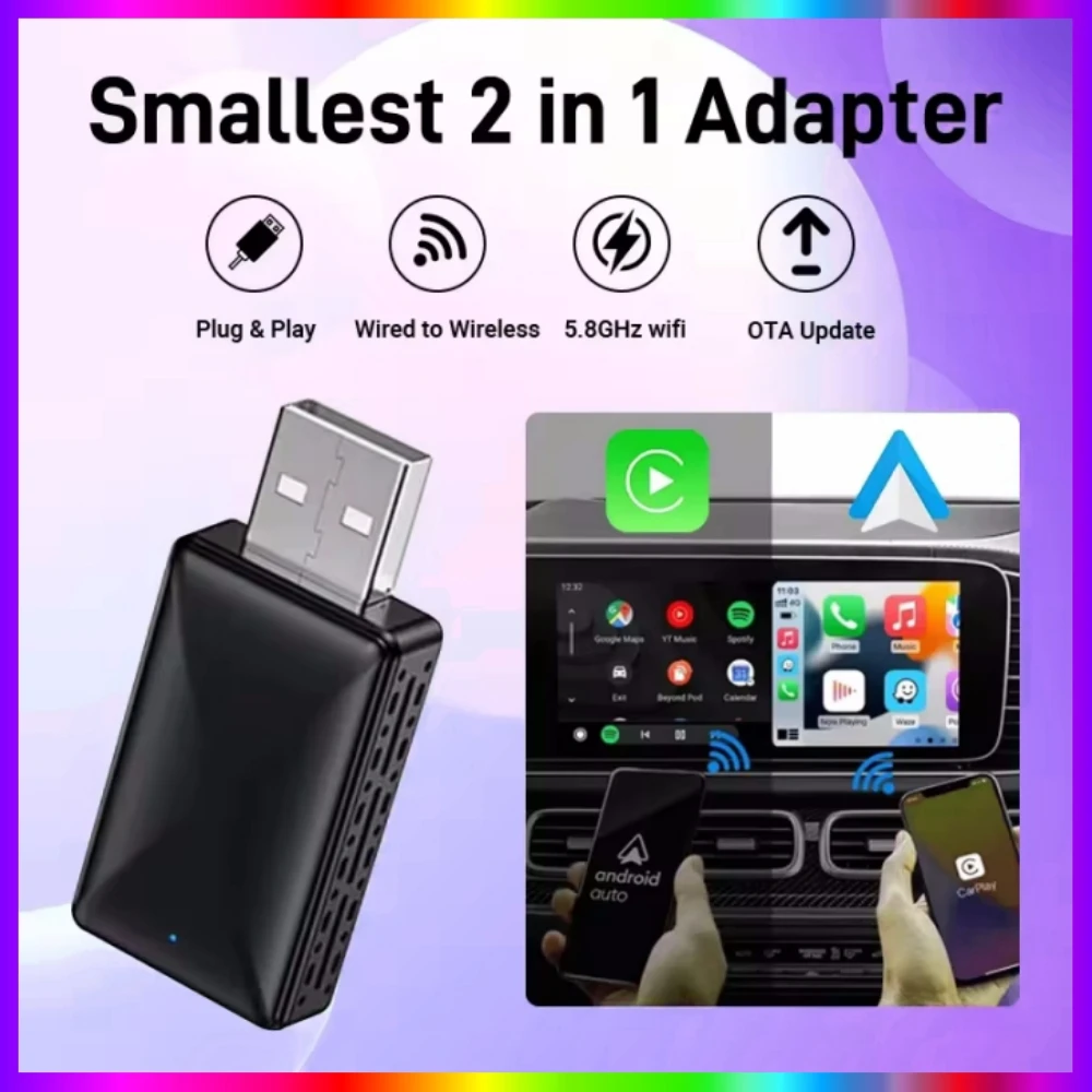 2 in 1 AI Box Mini Adapter Wired to Wireless Carplay&Android Auto Compatible with 99% of Cars Plug and Play WiFi Smart Dongle