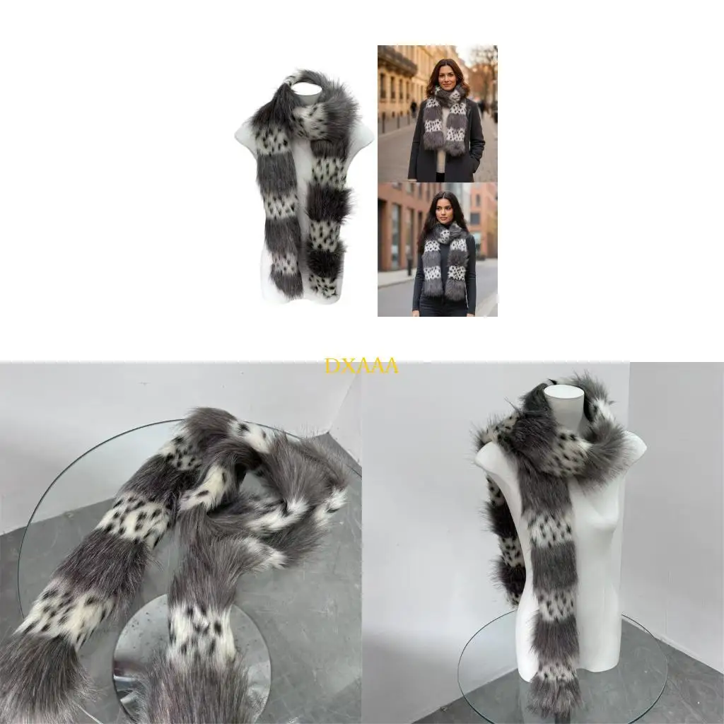 

DXAA Plush Leopards Print Patchwork Scarf Winter Warm Accessory For Women Men Family Matching Cold Weather Essential