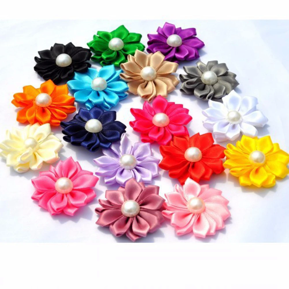 

4cm 17colors Artificial Satin Ribbon Flower+Pearl Center For Kids Girls Hair Accessories Fabric Flowers For Headbands