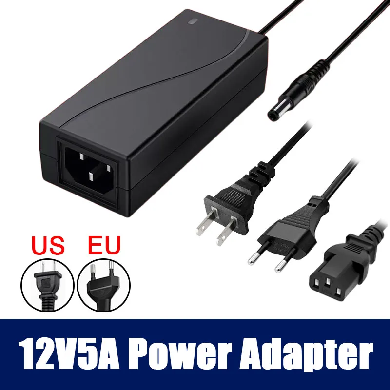 

Адаптер питания DC 12V 5A, трансформатор AC 110V 220V в 12V, зарядное устройство 5A, конвертер с вилкой US/EU, драйвер для светодиодных лент