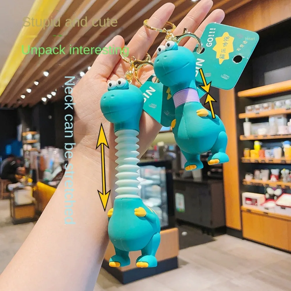 Cartoon Green Dinosaur Keychain Retractable Spring Neck Anime Figure Dinosaur Dolls Pendant Creative Kids Gift Bag Charms