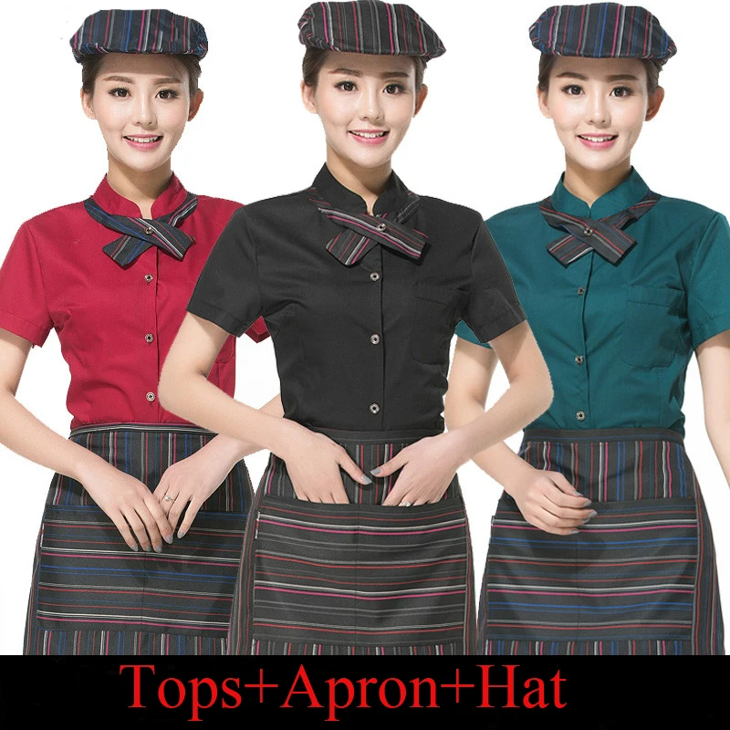 Conjunto completo de uniforme de camarero para restaurante, sombrero + camisa + delantal, uniforme de camarera para cafetería, ropa de cocinero, ropa de trabajo para Hotel y panadería 89