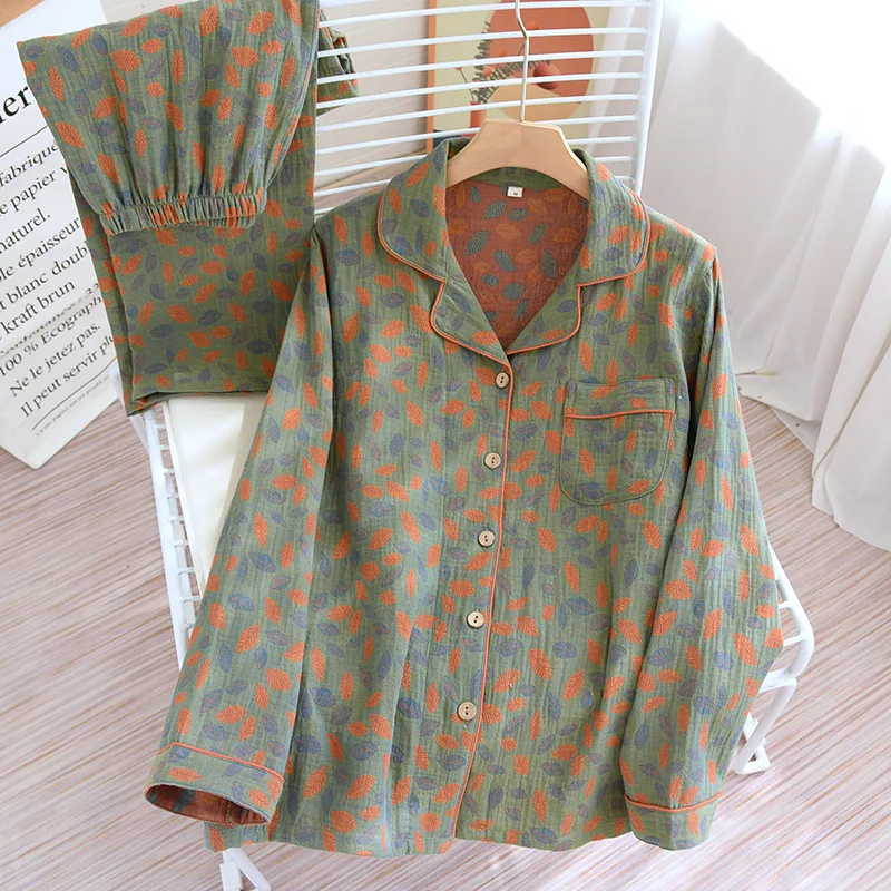 Autumn Washed Cotton Leaf Printed Women Sleepwear Long Sleeve Pants Pajama Set Women Pijama Trouser Suits for Retro Homewear