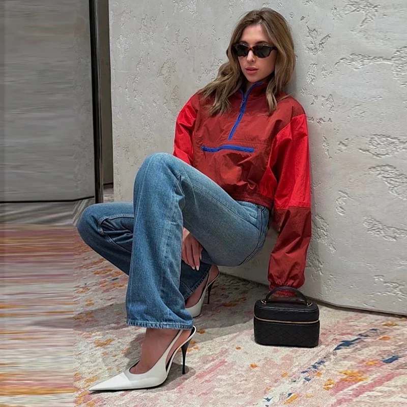 2026 Herbst Schicke Kontrastfarbene Damenjacke Rot Lässiger Stehkragen Langarm Halbe Reißverschlüsse Lose Damenmäntel Streetwear Neu – Detail 11