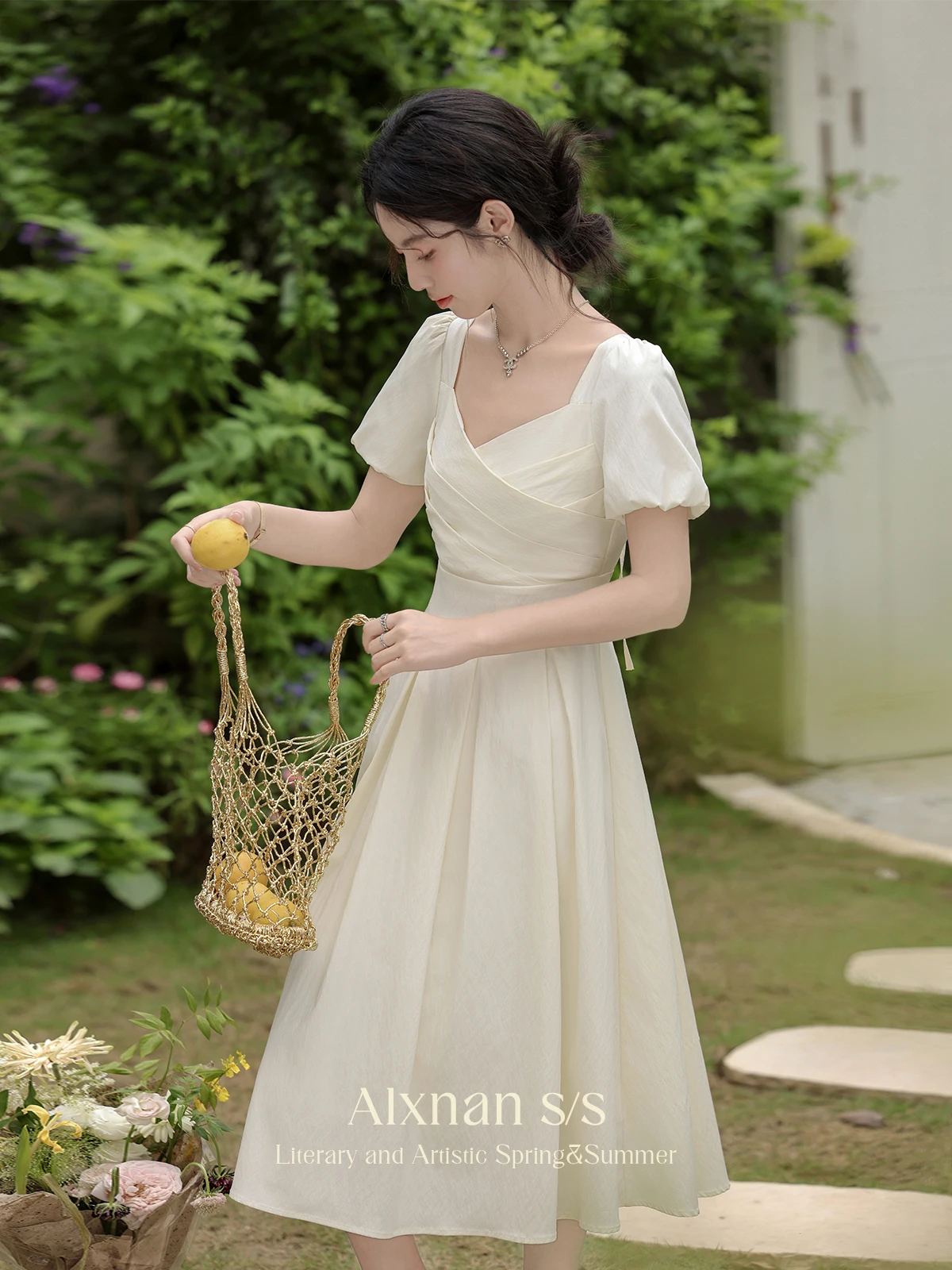 

ALXNAN женское длинное платье больших размеров с квадратным вырезом и пышными рукавами, элегантные повседневные праздничные платья, женская повседневная одежда D03030