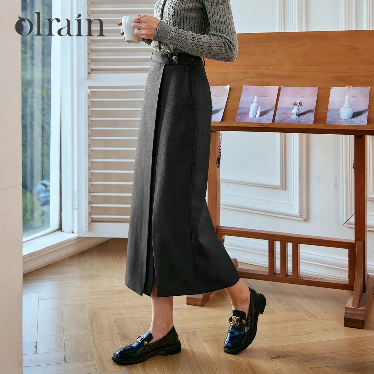 OLrain Dark Gray Split Midi Skirt Women 2025 Spring Commute Elegant Front Slit Skirts Office Ladies Workwear Clothes O24CB88329