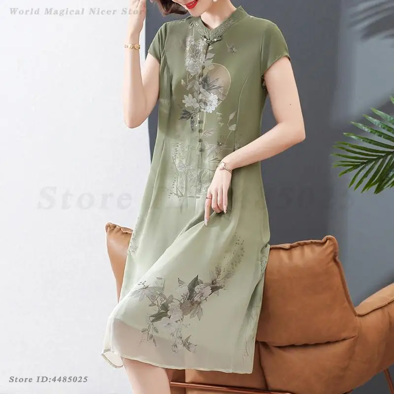 New Chinese Style Printed Flower Dress 2025 Summer New Retro Improved Cheongsam Big Size 3XL 4XL Traditional A-Line Qipaos