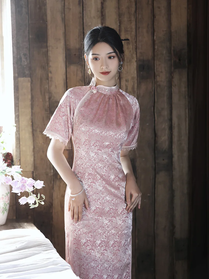 

Chinese Style Traditional Pink Floral Print Qipao Woman Elegant Split Dress Bodycon Cheongsam