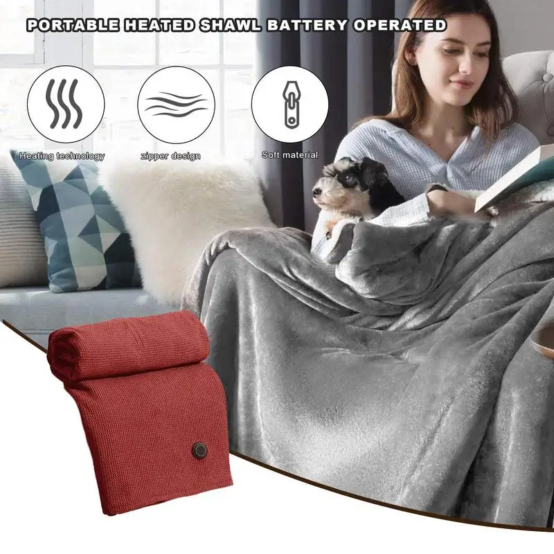 Heated Shawl Battery Operated Wearable Cordless Electric Heated Blanket With 3 Heating Levels Soft Zipper Plug-in Use Heated