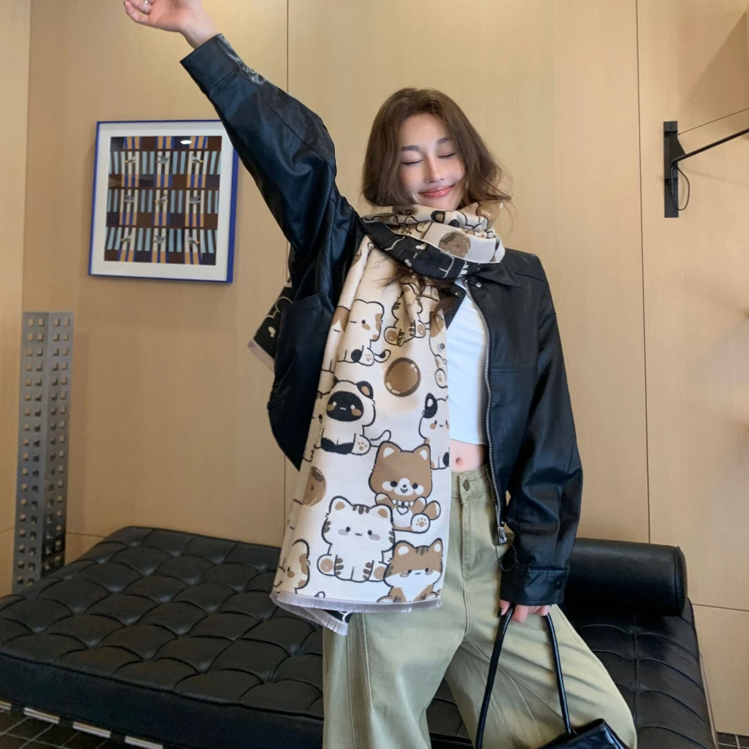 Cute Cat Print Cashmere Feeling Scarf Women Soft Warm Fringe Shawl Multi Wear Hooded Wrap Daily Fashion Winter Neck Scarves view 5