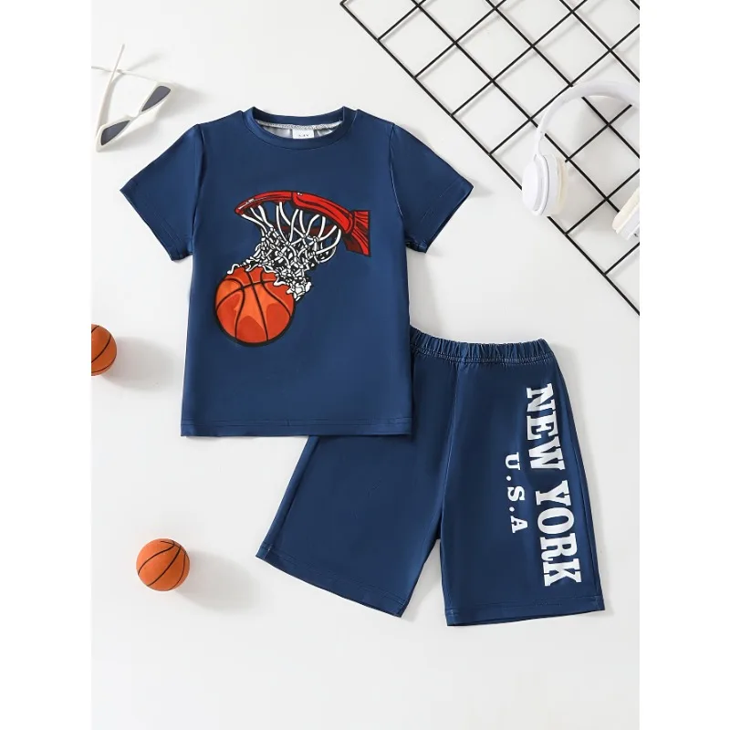 Boys Summer Loungewear Set – Fashion Basketball Pattern Print Short Sleeve Crew Neck Top & Letter Print Short Set