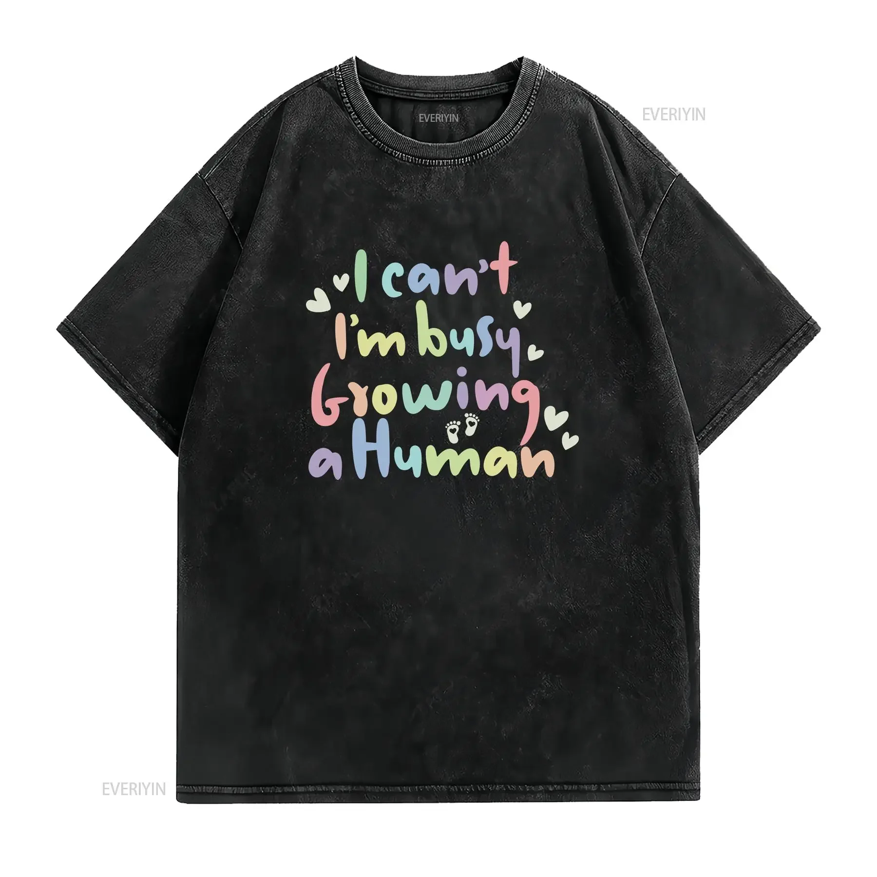 Pregnancy Reveal T Shirt Funny I Can't I'm Busy Growing A Human Retro Mom vintage Washed Top For Everyday Wear homme Slightly
