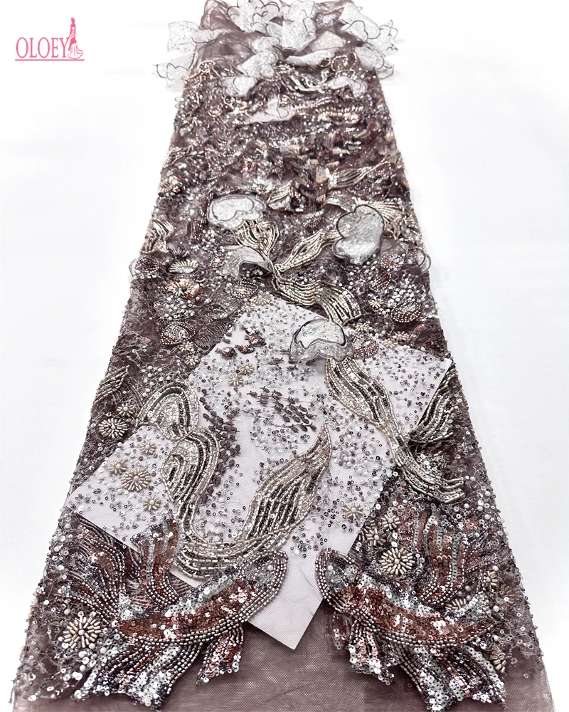 OLOEY French African Lace Fabric 2025 Beaded High Quality Embroidery Nigerian Mesh Wedding Dress Fabric for Women