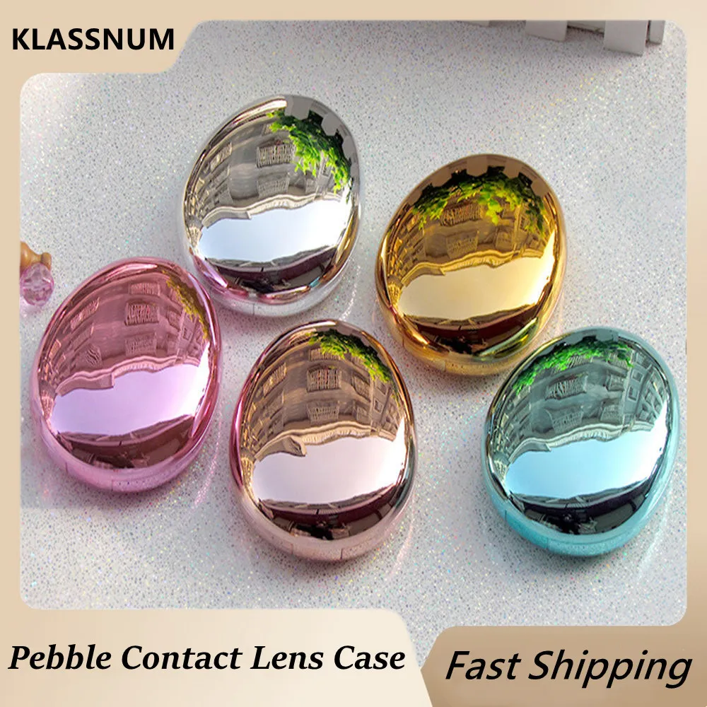 5 Colors Pebble Contact Lens Case Cosmetic Case Portable Ultra-thin Mirror Simple Contact Lens Companion Box Travel Storage Box