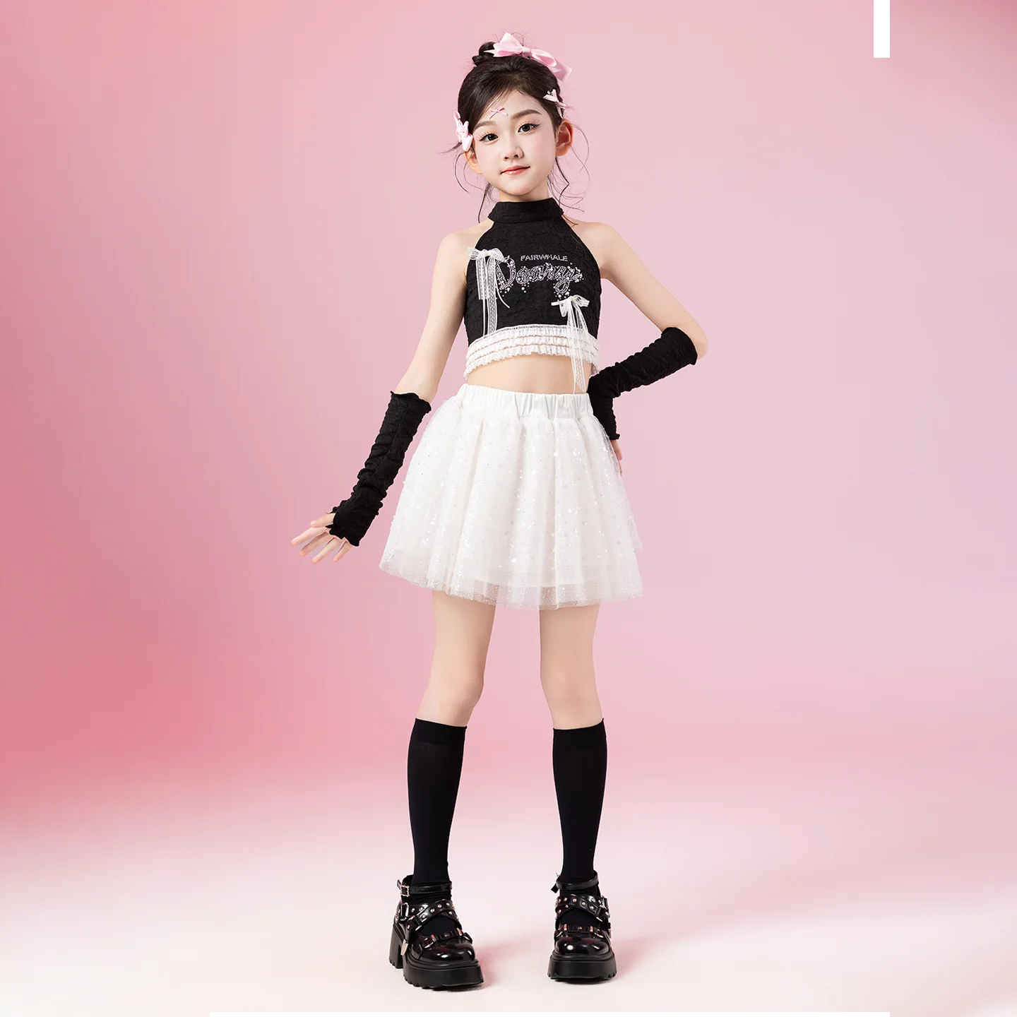 2025 sommer Jazz Dance Kleidung Mädchen Schwarz Tops Pailletten Weiß Rock Cheerleader Tanz Kostüm Kpop Straße Tragen Bühne Outfit BL16073