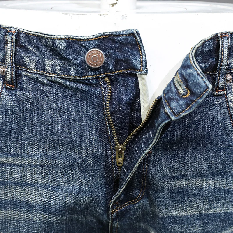 Italian Style Fashion Men Jeans High Quality Retro Washed Blue Stretch Slim Fit Ripped Jeans Men Vintage Designer Denim Pants