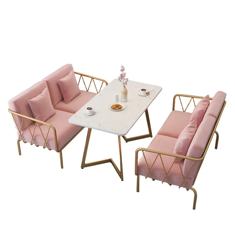 Modern Luxury Pink Velvet Golden Frame Cafe Restaurant Sets Commercial Coffee Shop Furniture Sofa Seating Lounge Booths