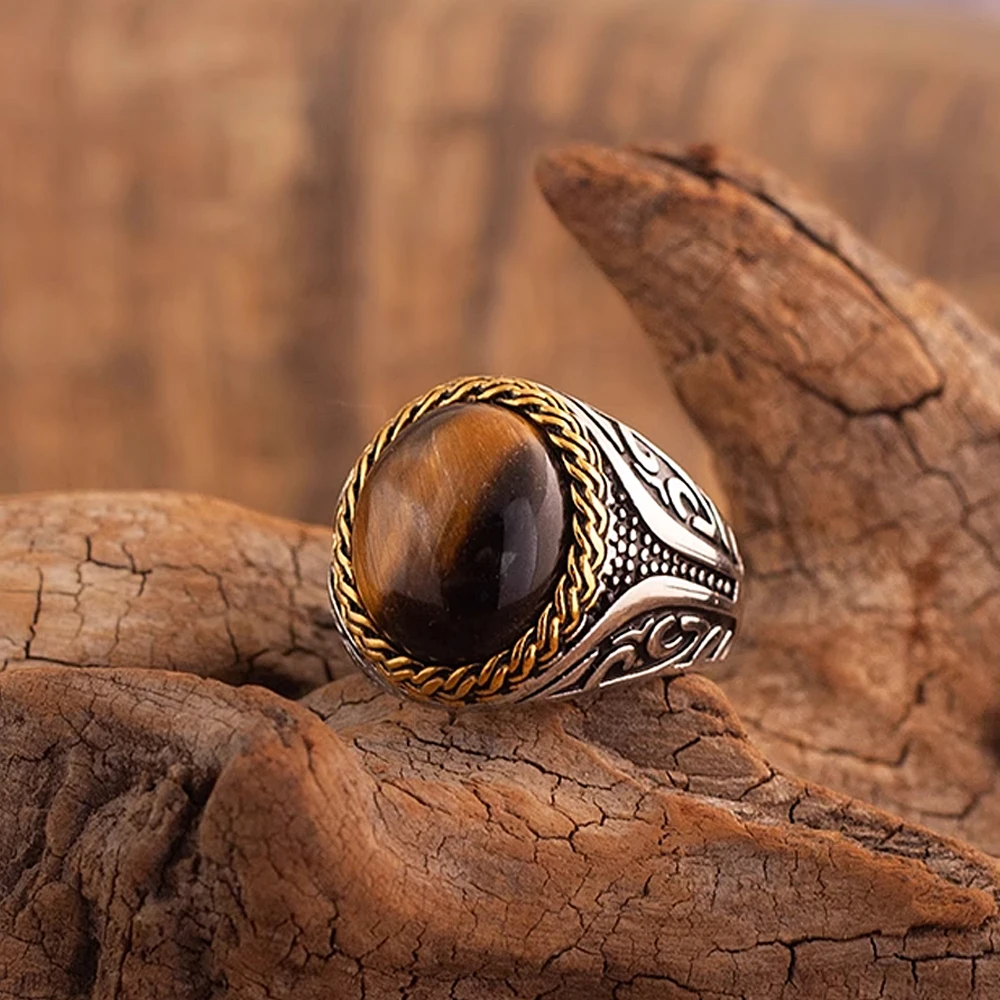 

Vintage Handmade Carved Tiger Eye Stone Rings for Men Women Punk Stone Stainless Steel Ring Fashion Jewelry Gift Wholesale