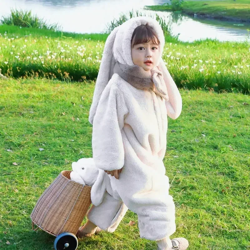 Lovely Baby Girls Romper Jumpsuits Cartoon Long-Eared Rabbit Winter Thicken Children's Clothing Festival Party Outfit Baby