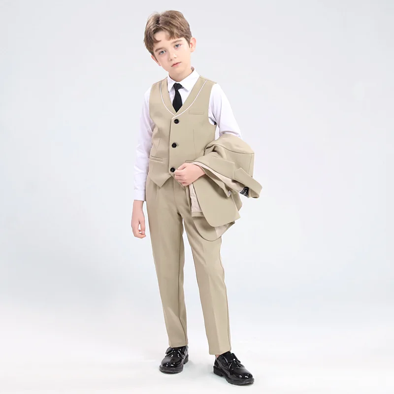 Children Spring Khaki Vest Shirt Pants Tie Photograph Suit Boys Formal Ceremony Tuxedo Dress Kids Wedding Performance Costume