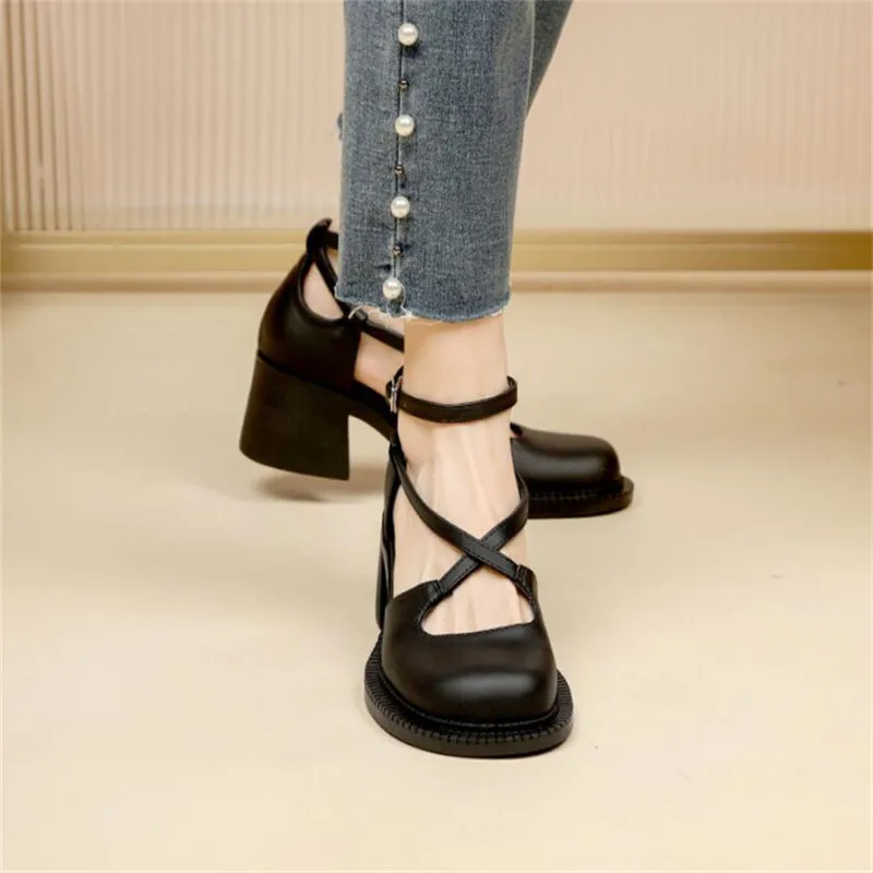 Women's High Heel Shoes Sandals 2022 Summer New Luxury Round Head Thick Heel Shoes Cross Straps Fashion All-match