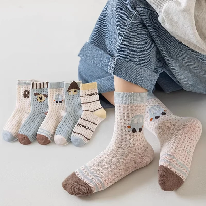 5Pairs/Lot Kids Summer Thin Socks Cartoon Mesh Mid-calf Child Socks For Boys Print Children's Casual Wear Accessories 2-12Years