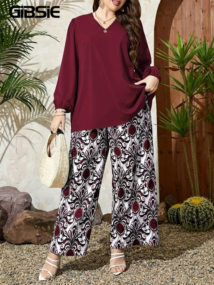 

GIBSIE Plus Size Solid V-neck Lantern Sleeve Loose Tops Blouses Women Printed Wide Leg Pants Spring Fall Casual Two Piece Set