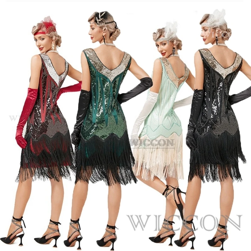 

vintage dress Gatsby ball tassel dress party banquet dance dress toasting small dress V Neck Tassel Dress Costumes Latin Dresses