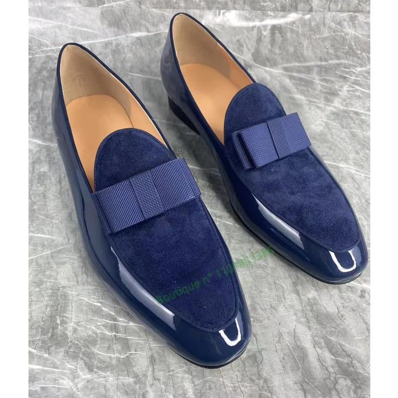 

Blue Patent Leather Bow Knot Pumps Square Heel Solid Round Toe Shoes for Women Shoes on Heels 2023 New Zapatos Para Mujere