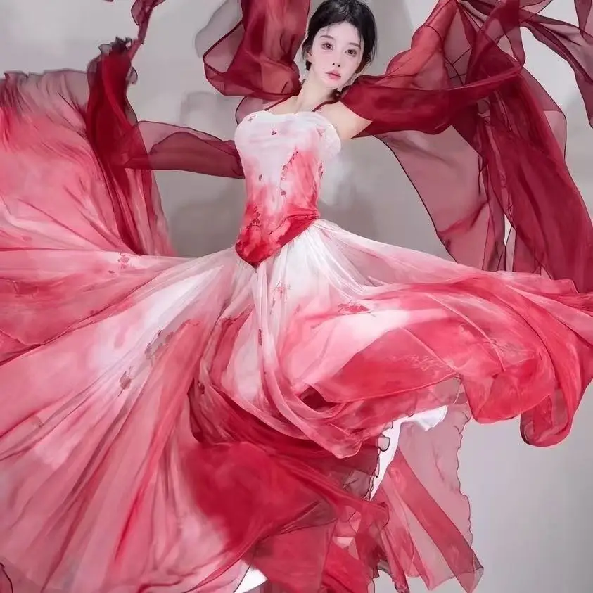

Elegant Mesh Clothing for Women's Classical Dance Stage Performance Dress Vintage Irregular Hanfu Dress Red Carnival Dance Suits